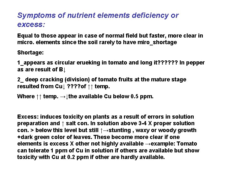 Symptoms of nutrient elements deficiency or excess: Equal to those appear in case of