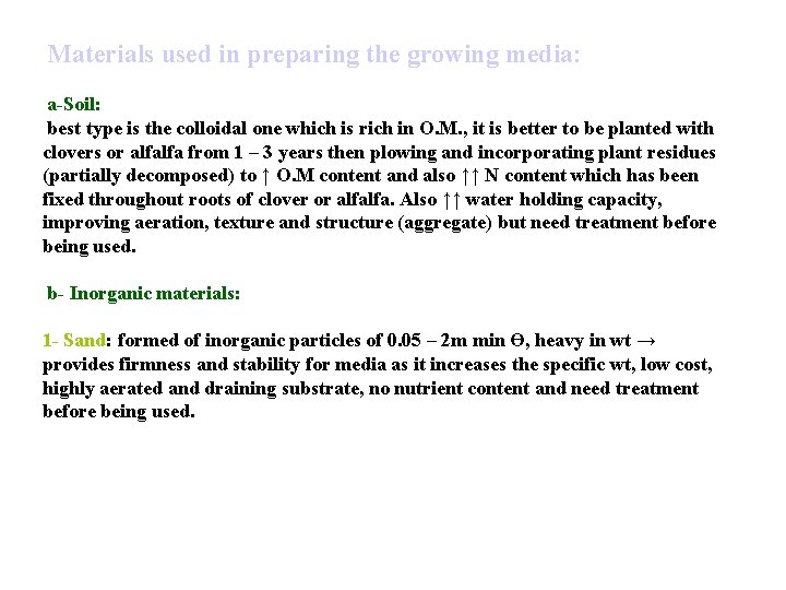 Materials used in preparing the growing media: a-Soil: best type is the colloidal one