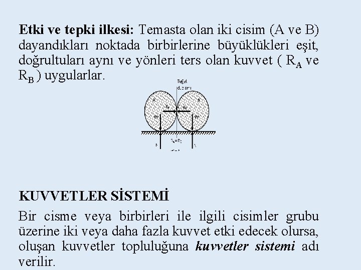 Etki ve tepki ilkesi: Temasta olan iki cisim (A ve B) dayandıkları noktada birbirlerine Etki ve tepki ilkesi: Temasta olan iki cisim (A ve B) dayandıkları noktada birbirlerine