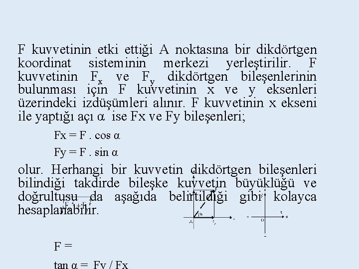F kuvvetinin etki ettiği A noktasına bir dikdörtgen koordinat sisteminin merkezi yerleştirilir. F kuvvetinin F kuvvetinin etki ettiği A noktasına bir dikdörtgen koordinat sisteminin merkezi yerleştirilir. F kuvvetinin