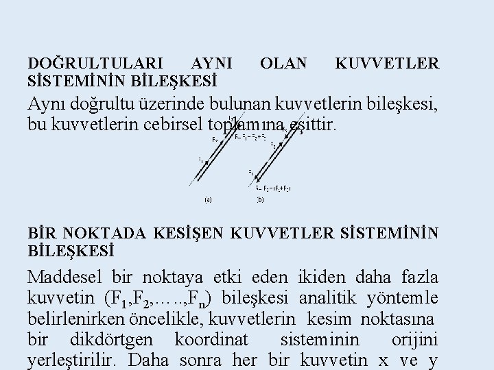 DOĞRULTULARI AYNI SİSTEMİNİN BİLEŞKESİ OLAN KUVVETLER Aynı doğrultu üzerinde bulunan kuvvetlerin bileşkesi, bu kuvvetlerin DOĞRULTULARI AYNI SİSTEMİNİN BİLEŞKESİ OLAN KUVVETLER Aynı doğrultu üzerinde bulunan kuvvetlerin bileşkesi, bu kuvvetlerin