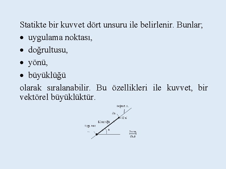 Statikte bir kuvvet dört unsuru ile belirlenir. Bunlar; uygulama noktası, doğrultusu, yönü, büyüklüğü olarak Statikte bir kuvvet dört unsuru ile belirlenir. Bunlar; uygulama noktası, doğrultusu, yönü, büyüklüğü olarak