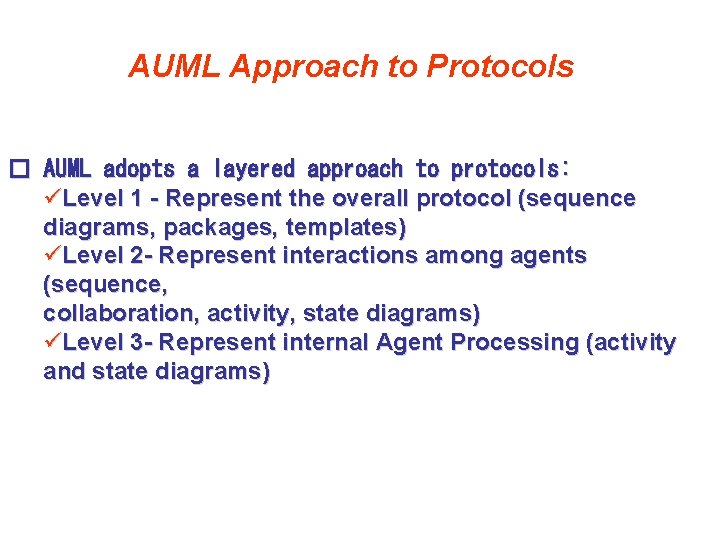 AUML Approach to Protocols � AUML adopts a layered approach to protocols: üLevel 1 AUML Approach to Protocols � AUML adopts a layered approach to protocols: üLevel 1