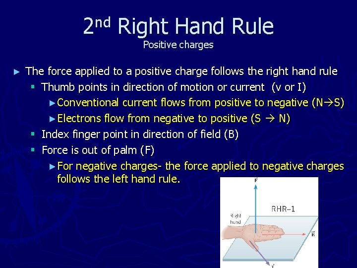 nd 2 ► Right Hand Rule Positive charges The force applied to a positive