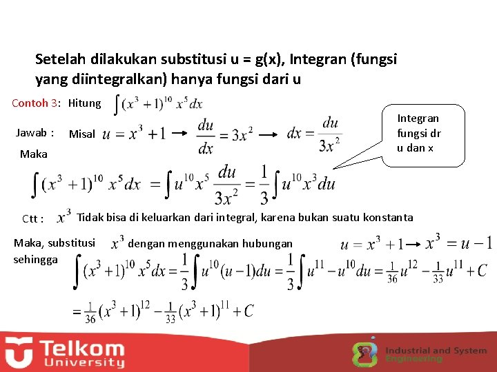 Setelah dilakukan substitusi u = g(x), Integran (fungsi yang diintegralkan) hanya fungsi dari u