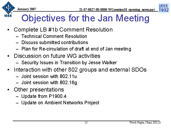January 2007 21 -07 -0827 -00 -0000 -WGsession 18_opening_notes. ppt Objectives for the Jan