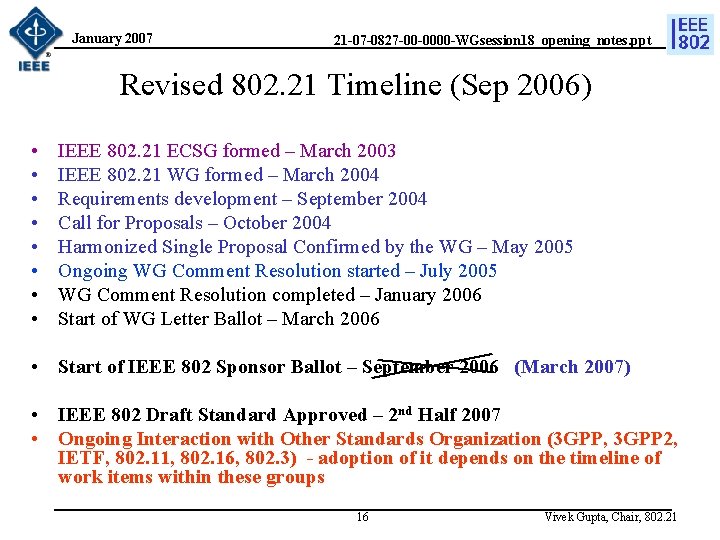 January 2007 21 -07 -0827 -00 -0000 -WGsession 18_opening_notes. ppt Revised 802. 21 Timeline