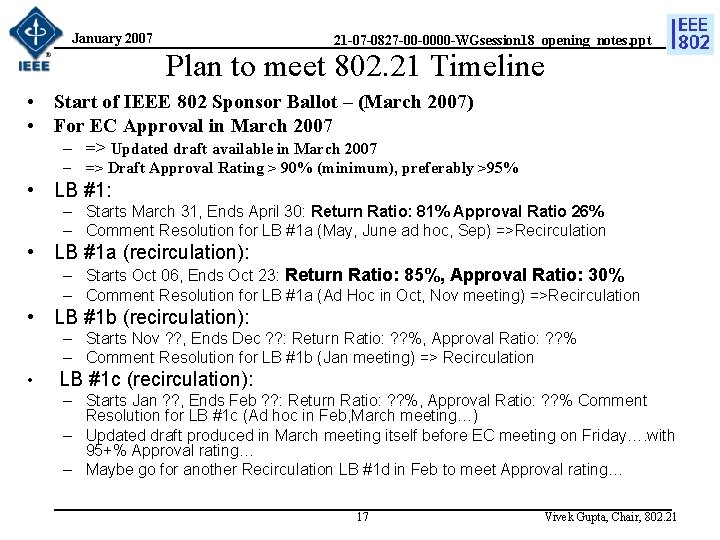 January 2007 21 -07 -0827 -00 -0000 -WGsession 18_opening_notes. ppt Plan to meet 802.