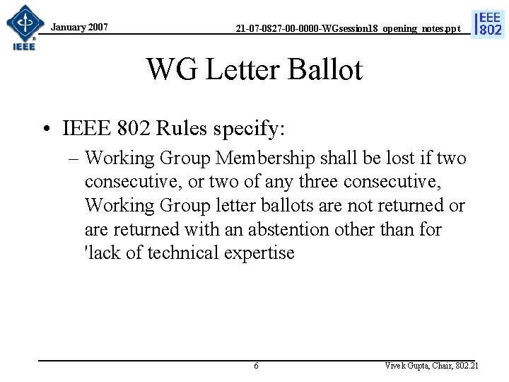 January 2007 21 -07 -0827 -00 -0000 -WGsession 18_opening_notes. ppt WG Letter Ballot •