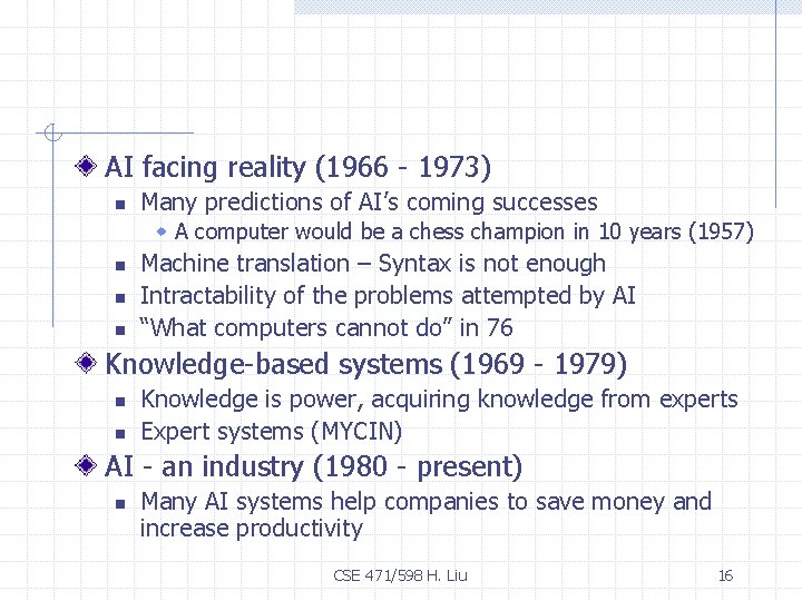 AI facing reality (1966 - 1973) n Many predictions of AI’s coming successes w