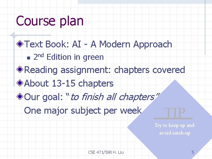 Course plan Text Book: AI - A Modern Approach n 2 nd Edition in