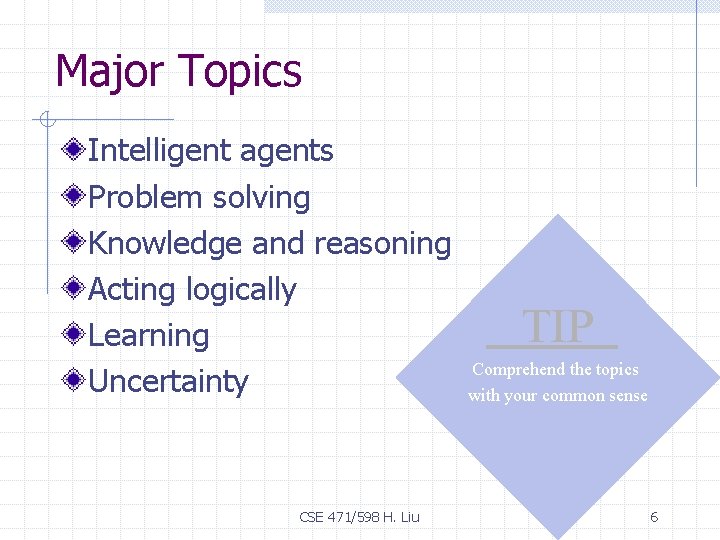 Major Topics Intelligent agents Problem solving Knowledge and reasoning Acting logically Learning Uncertainty CSE