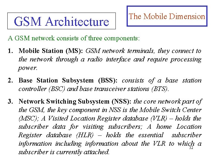 GSM Architecture The Mobile Dimension A GSM network consists of three components: 1. Mobile