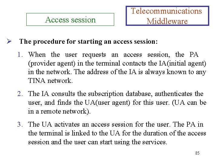 Access session Telecommunications Middleware Ø The procedure for starting an access session: 1. When