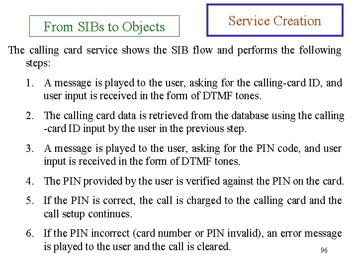 From SIBs to Objects Service Creation The calling card service shows the SIB flow