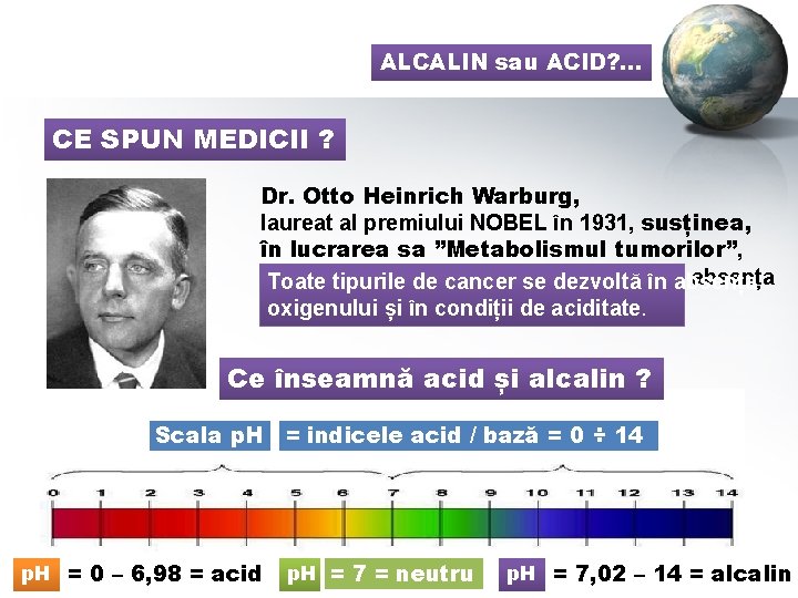 ALCALIN sau ACID? . . . CE SPUN MEDICII ? Dr. Otto Heinrich Warburg,
