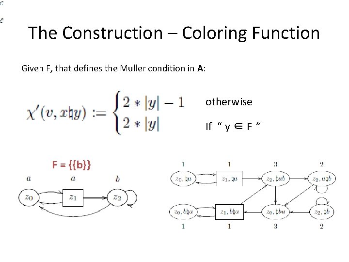 The Construction – Coloring Function Given F, that defines the Muller condition in A: