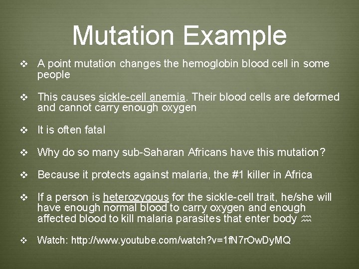 Mutation Example v A point mutation changes the hemoglobin blood cell in some people Mutation Example v A point mutation changes the hemoglobin blood cell in some people