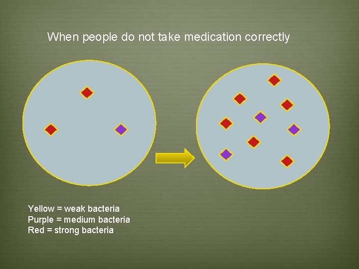 When people do not take medication correctly Yellow = weak bacteria Purple = medium When people do not take medication correctly Yellow = weak bacteria Purple = medium