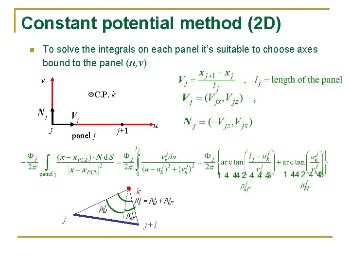 Constant potential method (2 D) n To solve the integrals on each panel it’s