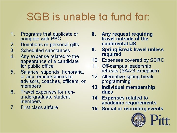SGB is unable to fund for: 1. 2. 3. 4. 5. 6. 7. Programs