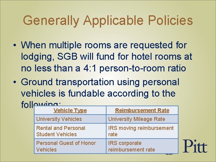 Generally Applicable Policies • When multiple rooms are requested for lodging, SGB will fund