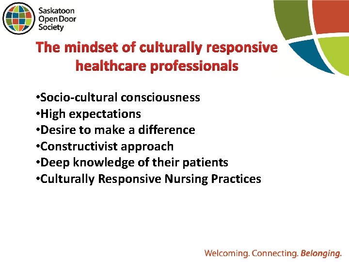 The mindset of culturally responsive healthcare professionals • Socio-cultural consciousness • High expectations •