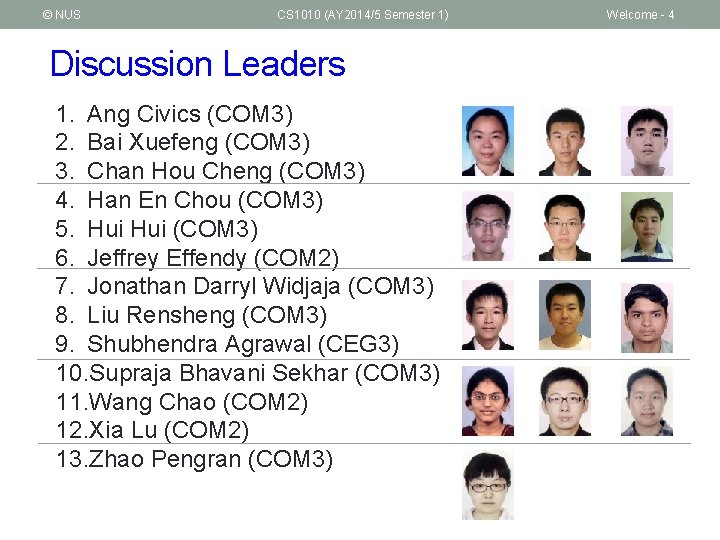 © NUS CS 1010 (AY 2014/5 Semester 1) Discussion Leaders 1. Ang Civics (COM