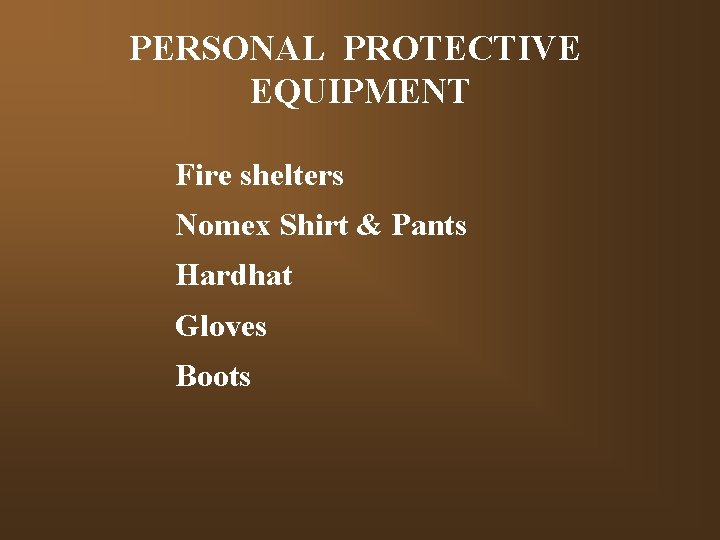 PERSONAL PROTECTIVE EQUIPMENT Fire shelters Nomex Shirt & Pants Hardhat Gloves Boots 