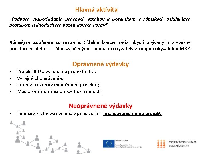 Hlavná aktivita „Podpora vysporiadania právnych vzťahov k pozemkom v rómskych osídleniach postupom jednoduchých pozemkových