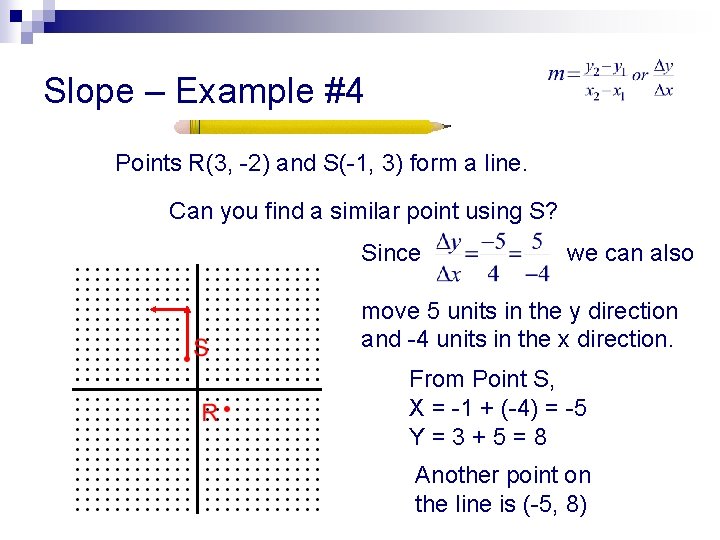 Slope – Example #4 Points R(3, -2) and S(-1, 3) form a line. Can