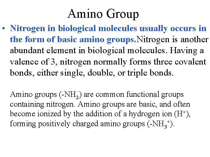 Amino Group • Nitrogen in biological molecules usually occurs in the form of basic