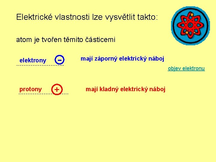 Elektrické vlastnosti lze vysvětlit takto: atom je tvořen těmito částicemi elektrony …………. . .