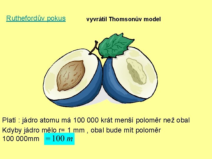 Ruthefordův pokus vyvrátil Thomsonův model Platí : jádro atomu má 100 000 krát menší