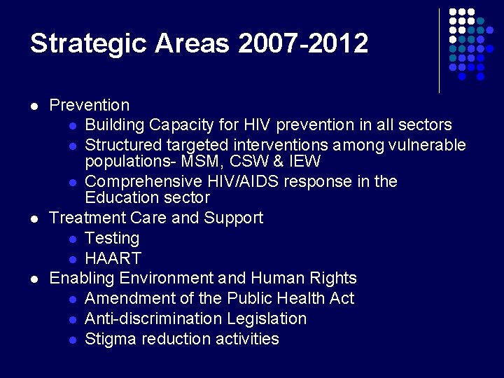 Strategic Areas 2007 -2012 l l l Prevention l Building Capacity for HIV prevention