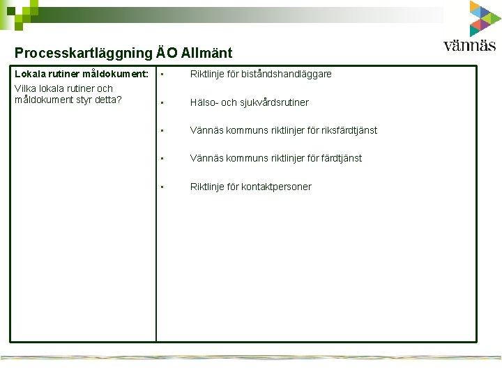 Processkartläggning ÄO Allmänt Lokala rutiner måldokument: Vilka lokala rutiner och måldokument styr detta? •