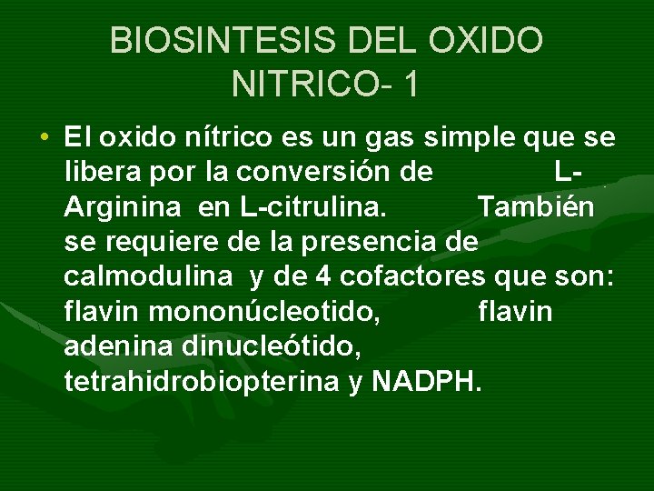 BIOSINTESIS DEL OXIDO NITRICO- 1 • El oxido nítrico es un gas simple que