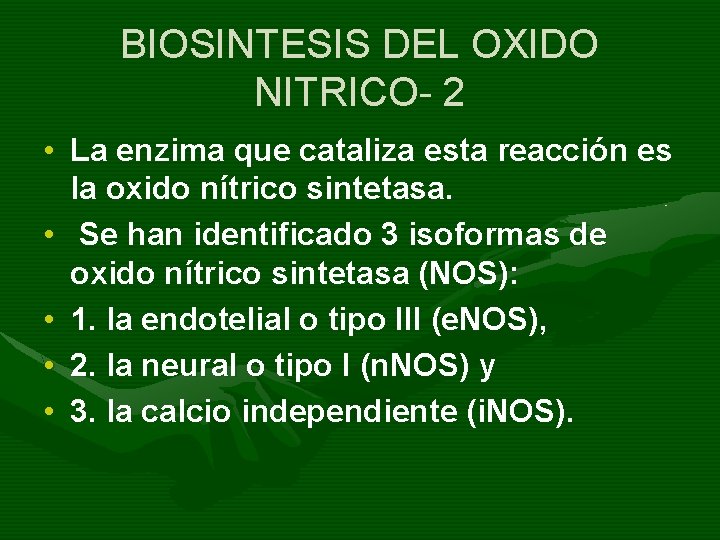 BIOSINTESIS DEL OXIDO NITRICO- 2 • La enzima que cataliza esta reacción es la