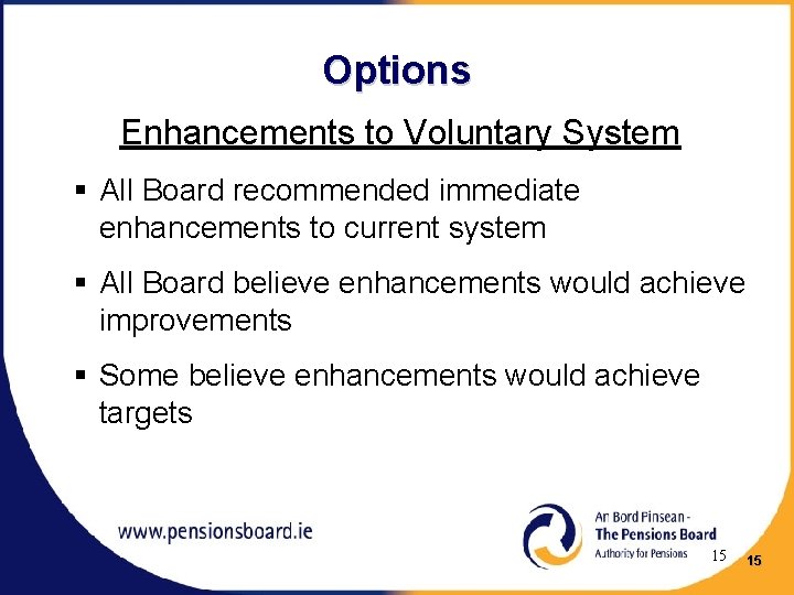 Options Enhancements to Voluntary System § All Board recommended immediate enhancements to current system