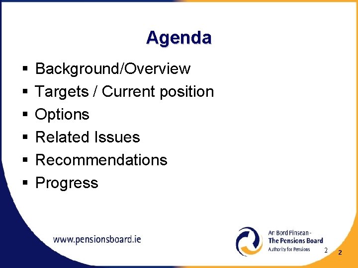 Agenda § § § Background/Overview Targets / Current position Options Related Issues Recommendations Progress