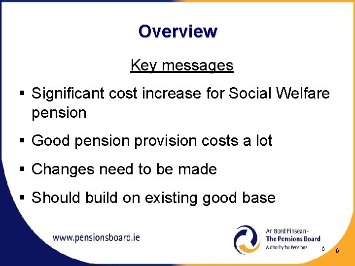 Overview Key messages § Significant cost increase for Social Welfare pension § Good pension