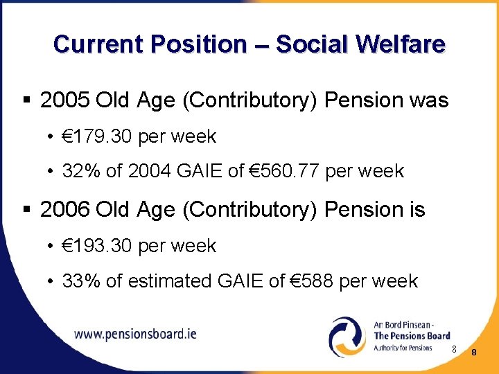 Current Position – Social Welfare § 2005 Old Age (Contributory) Pension was • €