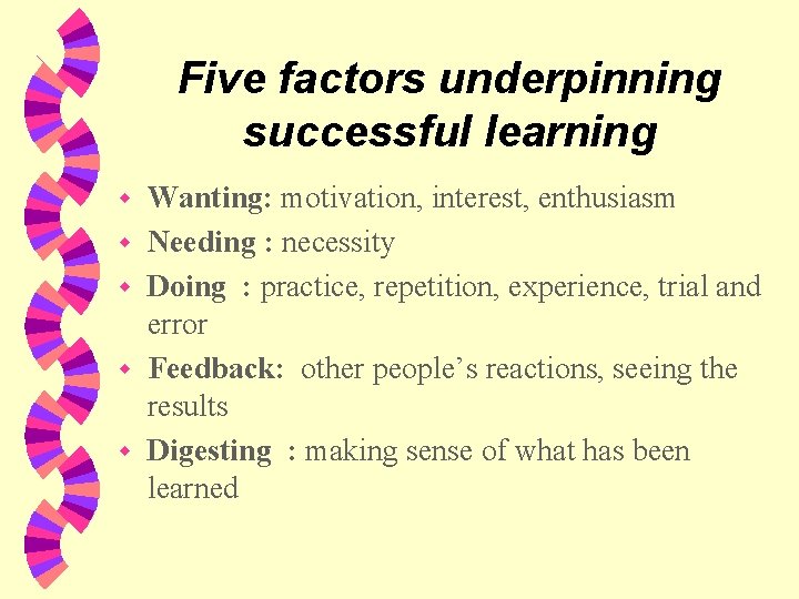 Five factors underpinning successful learning w w w Wanting: motivation, interest, enthusiasm Needing :