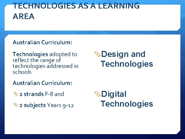 TECHNOLOGIES AS A LEARNING AREA Australian Curriculum: Technologies adopted to reflect the range of