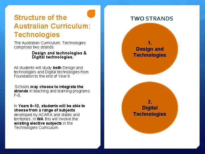 Structure of the Australian Curriculum: Technologies The Australian Curriculum: Technologies comprises two strands: Design