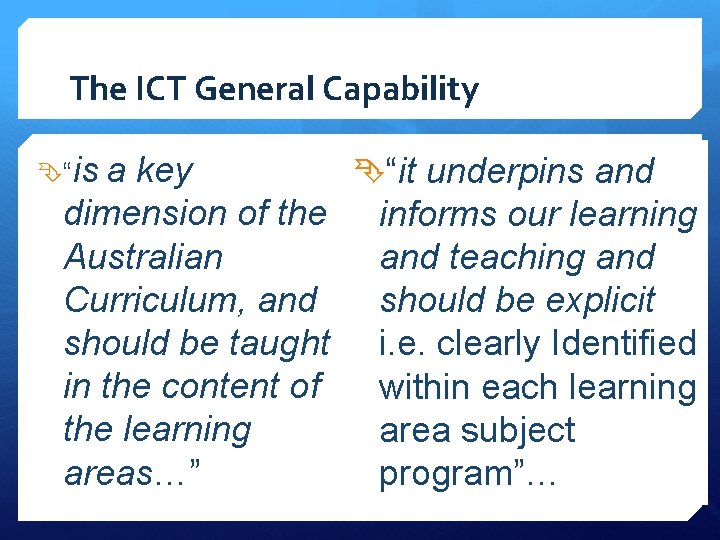 The ICT General Capability “is a key “it underpins and dimension of the informs