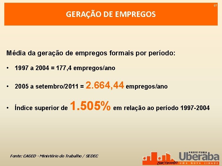 07 GERAÇÃO DE EMPREGOS Média da geração de empregos formais por período: • 1997