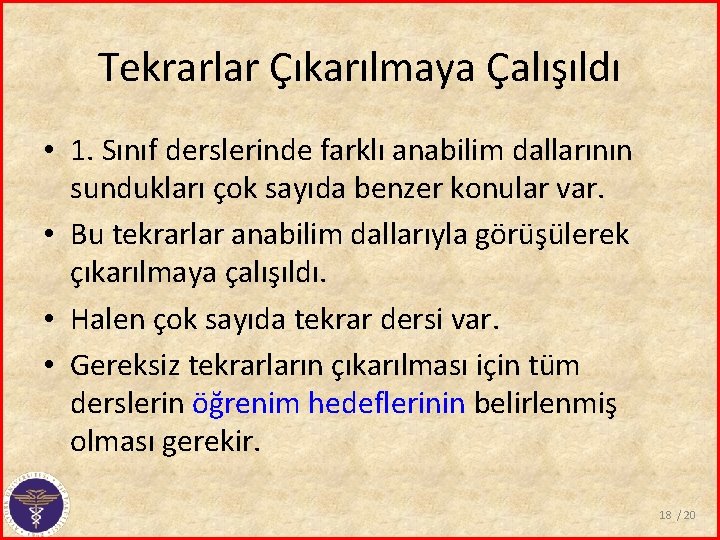 Tekrarlar Çıkarılmaya Çalışıldı • 1. Sınıf derslerinde farklı anabilim dallarının sundukları çok sayıda benzer