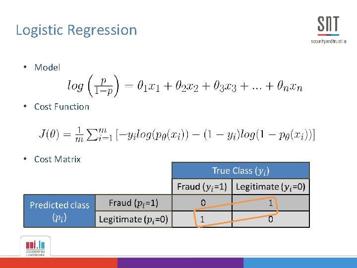 Logistic Regression • Model • Cost Function • Cost Matrix 0 1 1 0