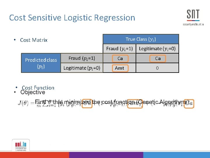Cost Sensitive Logistic Regression • Cost Matrix • Cost Function Ca Ca Amt 0